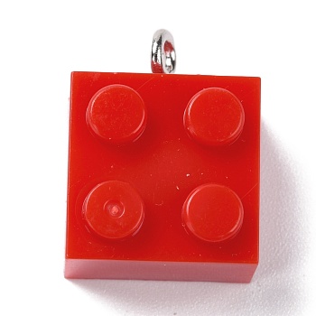 Resin Pendants, with Platinum Iron Loop, Toy Bricks, Red, 21x15.5x11mm, Hole: 2.6mm