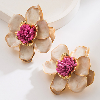 Flower Alloy Enamel Stud Earrings, with Plastic, Golden, Old Lace, 60x60mm