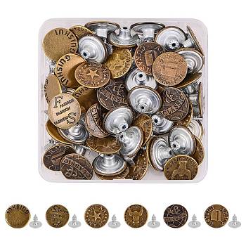 60 Sets 6 Styles Iron Button Pins for Jeans, Garment Accessories, Flat Round, Antique Bronze, 20x8mm, Hole: 2mm, Pin: 8x8mm, Knob: 3mm, 10sets/style