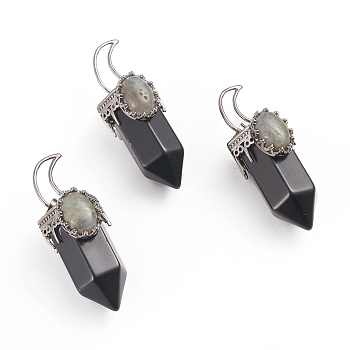 Natural Black Agate Pointed Big Pendants, with Gunmetal Tone Brass Pendant Bails and Natural Labradorite, Bullet, 52~54x20x22~23mm, Hole: 8x5mm