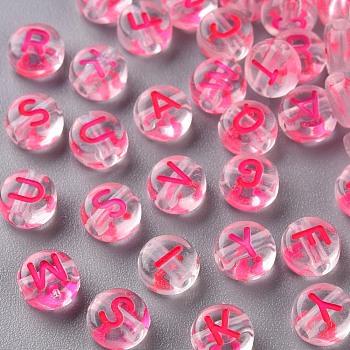 Transparent Clear Acrylic Beads, Horizontal Hole, Flat Round with Random Letter, Deep Pink, 7x4mm, Hole: 1.6mm, about 3700pcs/500g