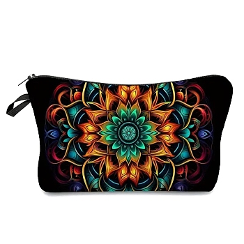 Mandala Flower Print Linen Cosmetic Zipper Pouches, Waterproof Clutch Bag, Toilet Bag for Women, Colorful, 25x17cm