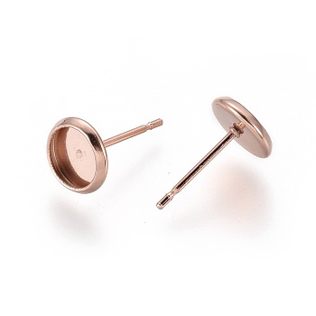 304 Stainless Steel Stud Earring Settings, Flat Round, Rose Gold, Tray: 6mm, 8mm, Pin: 0.8mm