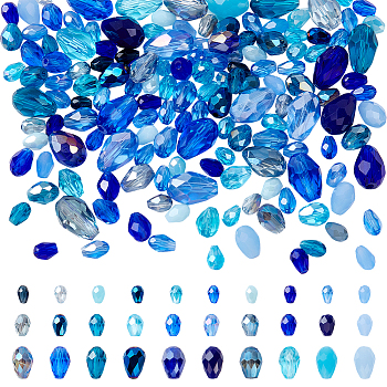 178Pcs Glass Beads, Teardrop, Faceted, Transparent/Opaque, Mixed Style, Blue, 6~12x4~8mm, Hole: 0.9~1.4mm