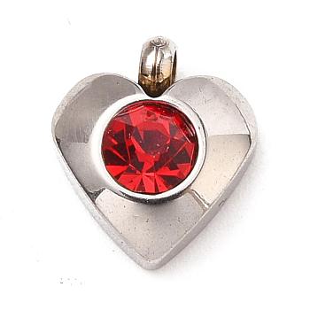 304 Stainless Steel Charms, with Acrylic Rhinestone, Faceted, Birthstone Charms, Heart, Stainless Steel Color, Hyacinth, 8.2x7.2x3.2mm, Hole: 1mm