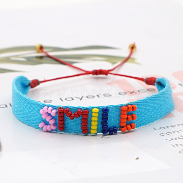 Nylon Cord Braided Bead Bracelets, Glass Seed Beaded Word Smile Inspiration Bracelet for Women, Deep Sky Blue, 11 inch(28cm)(BJEW-A121-61)