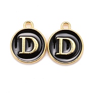 Golden Plated Alloy Charms, Cadmium Free & Lead Free, with Enamel, Enamelled Sequins, Flat Round with Letter, Black, Letter.D, 14x12x2mm, Hole: 1.5mm(X-ENAM-S118-02D)