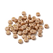 Plating Acrylic Beads, Golden Metal Enlaced, Horizontal Hole, Flat Round with Letter, Wheat, 6.5~7x3.5~4mm, Hole: 1.6mm, about 3600g/500g(OACR-P017-A09)