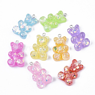 Transparent Resin Pendants, with Shell Chip & Iron Loop, Hologram Style, Platinum, Bear, Mixed Color, 32x19x8~9mm, Hole: 2mm(CRES-N022-103)