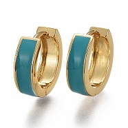 Brass Huggie Hoop Earrings, with Enamel, Long-Lasting Plated, Real 18K Gold Plated, Ring, Teal, 13x4mm, Pin: 1mm(EJEW-F260-05C-G)