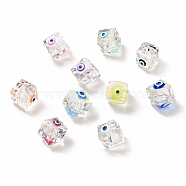 Transparent Glass Beads, with Enamel, Faceted, Cube with Evil Eye Pattern, Mixed Color, 10~11x9x10mm, Hole: 1.6mm(GLAA-F121-15)