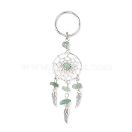 Natural Chip Green Aventurine Keychain, with Tibetan Style Pendants and 316 Surgical Stainless Steel Key Ring, Woven Net/Web with Feather, 107mm, Pendant: 82x28x7mm(KEYC-JKC00119-04)