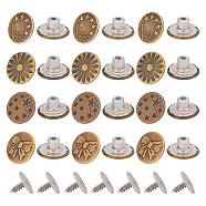 40 Sets 4 Style Brass Button Pins for Jeans, Nautical Buttons, Garment Accessories, Flat Round with Flower & Star & Bowknot, Antique Bronze & Platinum, 17x8.5~9mm, Hole: 1.5mm; 8x6mm, Pin: 2mm, 10 sets/style(BUTT-UN0001-12)