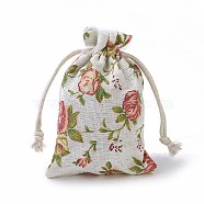 Burlap Packing Pouches, Drawstring Bags, Rectangle with Rose Pattern, Colorful, 14~14.4x10~10.2cm(ABAG-I001-10x14-05)