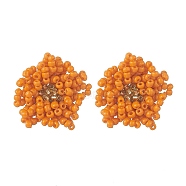 Glass Seed Braided Beaded Flower Stud Earrings, Golden 304 Stainless Steel Jewelry for Women, Orange, 25~27x22~23mm, Pin: 0.8mm(EJEW-MZ00072-01)