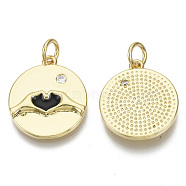 Brass Micro Pave Cubic Zirconia Pendants, with Enamel & Jump Rings, Nickel Free, Valentine's Day, Flat Round with Heart, Clear, Real 18K Gold Plated, Black, 18x16x2.5mm, Jump Ring: 5.5x0.8mm, inner diameter: 3mm.(KK-S061-34A-G-NF)