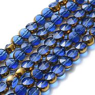 Half Plated Electroplate Transparent Glass Beads Strands, Antique Bronze Plated, Flat Round, Faceted, Medium Blue, 6x5mm, Hole: 1.2mm, about 50pcs/strand, 11.22''(28.5cm)(EGLA-E060-02A-HP08)