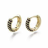 Brass Micro Pave Cubic Zirconia Huggie Hoop Earrings, Real 18K Gold Plated, Nickel Free, Ring, Black, 13x15.5x4mm, Pin: 0.8mm(EJEW-R144-004A-NF)