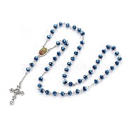 Alloy Pendant Necklaces, with Glass and 304 Stainless Steel Rolo Chains, Crucifix Cross, For Easter, Blue, 27.55 inch(70cm)(X-NJEW-JN02272-04)