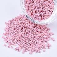 Glass Cylinder Beads, Seed Beads, Baking Paint, Round Hole, Pink, 1.5~2x1~2mm, Hole: 0.8mm, about 8000pcs/bag, about 85~95g/bag(SEED-Q036-01A-D24)