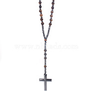 Natural Tiger Eye Rosary Bead Necklace, Synthetic Hematite Cross Pendant Necklace, 27.56 inch(70cm)(WG81562-01)