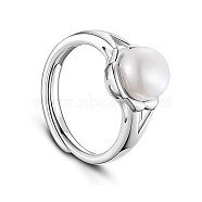 SHEGRACE Flower Rhodium Plated 925 Sterling Silver Finger Ring, with Freshwater Pearl, Platinum, White, 18mm(JR441A)