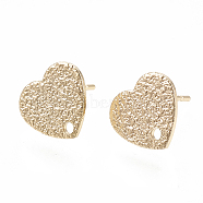 Brass Stud Earring Findings, with Loop, Heart, Nickel Free, Real 18K Gold Plated, 9x10x1mm, Hole: 1mm, Pin: 0.8mm(X-KK-N186-56)