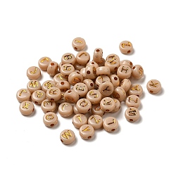 Plating Acrylic Beads, Golden Metal Enlaced, Horizontal Hole, Flat Round with Letter, Wheat, 6.5~7x3.5~4mm, Hole: 1.6mm, about 3600g/500g(OACR-P017-A09)