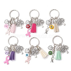 6Pcs 6 Colors Ribbon Keychain, with Alloy Finding, Iron Split Key Rings, Evil Eye Lampwork Beads, Faux Suede Tassel, Mixed Color, 6.9cm, 1pc/color(KEYC-JKC00939)