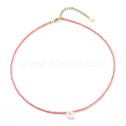 Natural Shell Letter Pendant Necklaces, Initial Necklaces, with Rondelle Glass Beads and 304 Stainless Steel Lobster Claw Clasps, Golden, Letter.Q, 16.33 inch(41.5cm)(NJEW-JN03349-02)