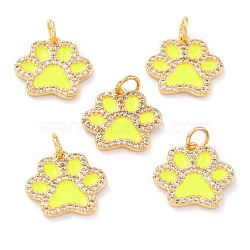 Real 18K Gold Plated Brass Micro Pave Cubic Zirconia Charms, with Jump Ring and Enamel, Long-Lasting Plated, Dog Paw Prints, Yellow, 13.5x15x2mm, Jump Ring: 5x1mm, 3mm Inner Diameter(ZIRC-L100-085G-06)