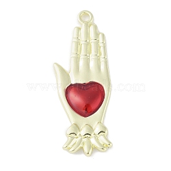 Rack Plating Alloy Enamel Pendants, Cadmium Free & Nickel Free & Lead Free, Palm with Heart Charm, Golden, 37.5x13x2.5mm, Hole: 1.8mm(PALLOY-F018-25G-02)