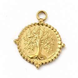 304 Stainless Steel Pendants, Flat Round with Tree of Life Charms, Golden, 22.5x18.5x2mm, Hole: 2.6mm(STAS-M305-13G)
