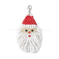 Christmas Santa Claus Glass Seed Beads Pendant Decorations, Lobster Claw Clasps Charms for Bag Ornaments, Platinum, 75mm(HJEW-JM02353)