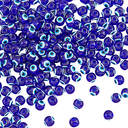 Baking Painted Glass Beads, Round with Evil Eye, Blue, 6x5mm, Hole: 1.2mm, about 63~68pcs/strand, 13.70~15.04(34.8~38.2cm), 4 strands/box(GGLA-HY0001-05)