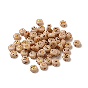 Plating Acrylic Beads, Golden Metal Enlaced, Horizontal Hole, Flat Round with Letter, Wheat, 6.5~7x3.5~4mm, Hole: 1.6mm, about 3600g/500g