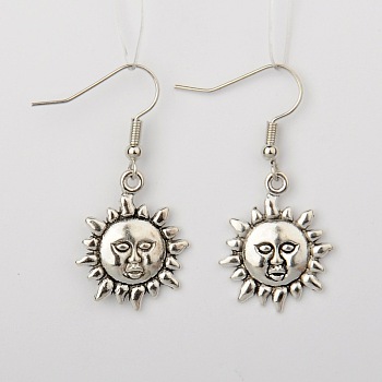 Tibetan Style Alloy Sun Earrings, with Brass Earring Hooks, Platinum and Antique Silver, Mixed Color, 38mm, Pin: 0.7mm
