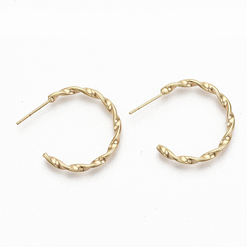 Semicircular Brass Stud Earrings, Half Hoop Earrings, Twited Letter C Shape, Nickel Free, Real 18K Gold Plated, 25x25x2mm, Pin: 0.8mm