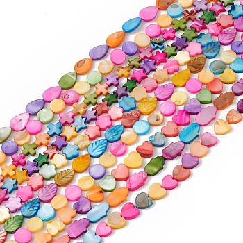 10 Strands Colorful Natural Freshwater Shell Dyed Beads Strands, Leaf & Teardrop & Heart, Mixed Shapes, 10~15x10x2.5~3mm, Hole: 0.8mm, about 26~40pcs/strand, 14.96~15.35''(38~39cm)