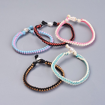 Waxed Polyester Braided Cord Bracelets, with Pearl, Mixed Color, 7-1/8 inch(18cm), 5x3.5mm