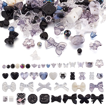 Opaque & Transparent Acrylic Beads, Mixed Shapes, Black, 7.5~33x7.5~43.5x4.5~16mm, Hole: 1.2~4mm, 100g/bag