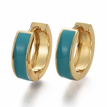 Brass Huggie Hoop Earrings, with Enamel, Long-Lasting Plated, Real 18K Gold Plated, Ring, Teal, 13x4mm, Pin: 1mm