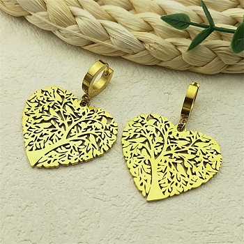 304 Stainless Steel Heart Tree Hoop Earrings for Women, Golden, 46x34mm