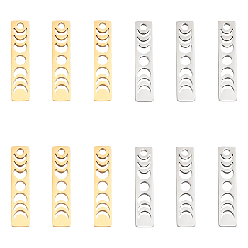 12Pcs 2 Colors 201 Stainless Steel Pendants, Rectangle with Phase of the Moon, Mixed Color, 26x6x1.5mm, Hole: 2mm, 6pcs/color