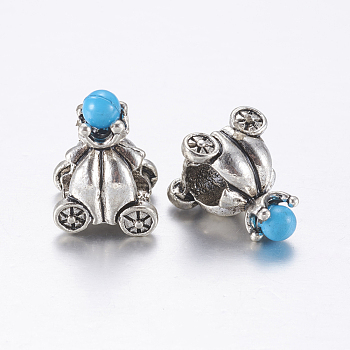 Tibetan Style Alloy European Beads, Large Hole Beads, with Resin, Pumpkin Cart, Sky Blue, Antique Silver, 13.5x11x9mm, Hole: 5mm