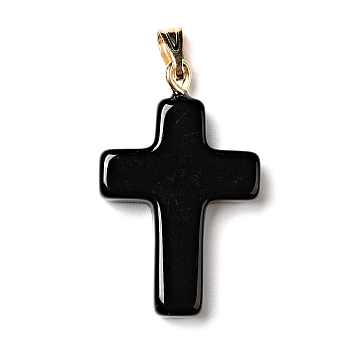 Glass Pendants, with Golden Plated Iron Findings, Cross, Black, 28.5x18x4.5mm, Hole: 5.5x3mm