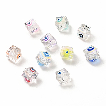 Transparent Glass Beads, with Enamel, Faceted, Cube with Evil Eye Pattern, Mixed Color, 10~11x9x10mm, Hole: 1.6mm