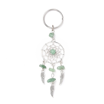Natural Chip Green Aventurine Keychain, with Tibetan Style Pendants and 316 Surgical Stainless Steel Key Ring, Woven Net/Web with Feather, 107mm, Pendant: 82x28x7mm