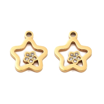 Ion Plating(IP) 304 Stainless Steel Pendant, with Rhinestone, Star, Golden, 16x13.5x1.5mm, Hole: 1.8mm