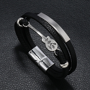 Imitation Leather Triple Layer Multi-strand Bracelet, Guitar Link Bracelet, Black, 8-1/4~8-5/8 inch(21~22cm)